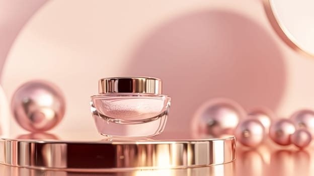 Cosmetic cream in a glass jar on a pink background. Skin care concept. Backdrop for beauty products