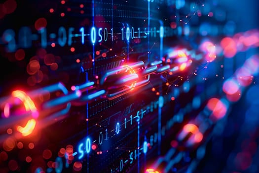 binary numeric data transmission chain of nodes connected in a network form, p2p connection.