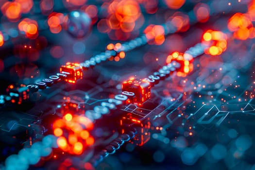 binary numeric data transmission chain of nodes connected in a network form, p2p connection.