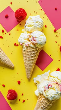 Scoops of ice cream in a waffle cones on a colorful background