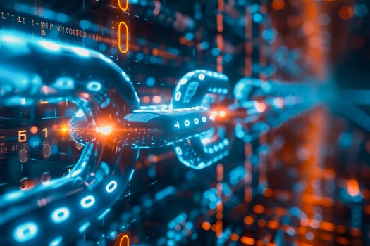 binary numeric data transmission chain of nodes connected in a network form, p2p connection.