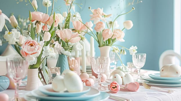 Easter table setting with painted eggs, spring flowers and crockery. Rustic style, selective focus