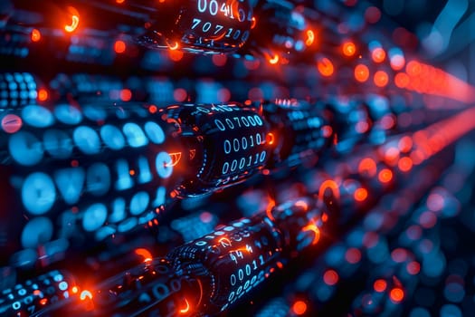 binary numeric data transmission chain of nodes connected in a network form, p2p connection.