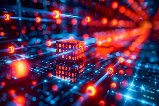 binary numeric data transmission chain of nodes connected in a network form, p2p connection.