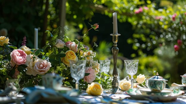 Table setting with rose flowers and candles for an event party or wedding reception in the summer garden.