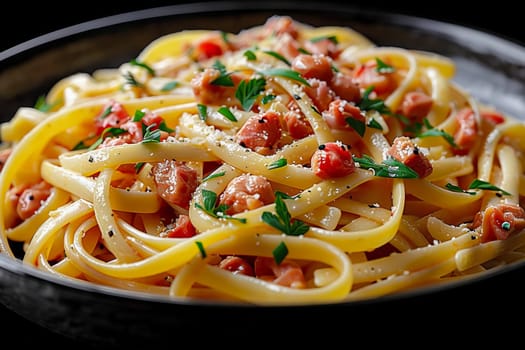 A portion of carbonara pasta in a plate on the table. Healthy diet. Italian Cuisine. AI generated.