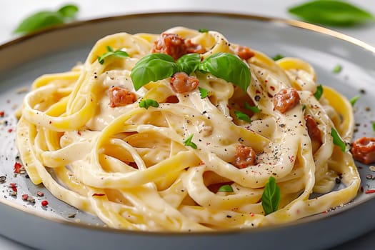 A portion of carbonara pasta in a plate on the table. Healthy diet. Italian Cuisine. AI generated.