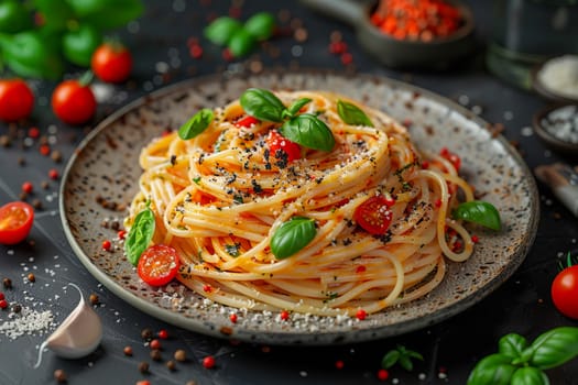 A portion of carbonara pasta in a plate on the table. Healthy diet. Italian Cuisine. AI generated.