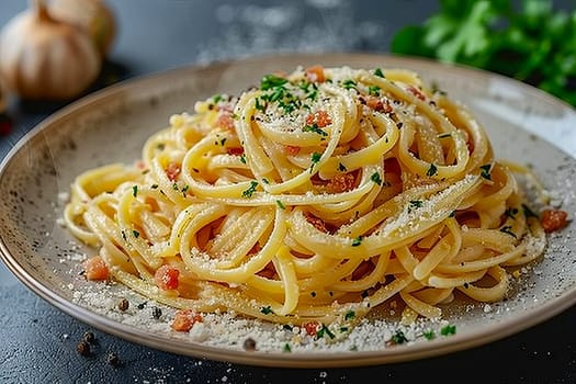 A portion of carbonara pasta in a plate on the table. Healthy diet. Italian Cuisine. AI generated.