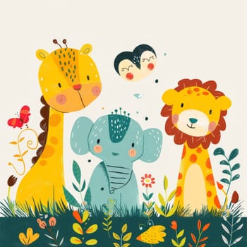 A colorful drawing of animals in a jungle setting. The animals include a giraffe, a cat, a bird, a monkey, and a tiger. The scene is lively and full of energy