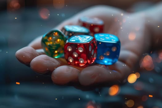 A hand is holding a bunch of dice, including a red, blue, and green one. The image has a playful and fun mood