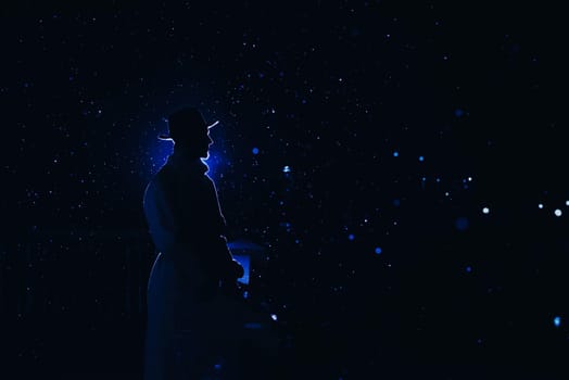 mysterious portrait in the noir style of a male detective at night in the rain