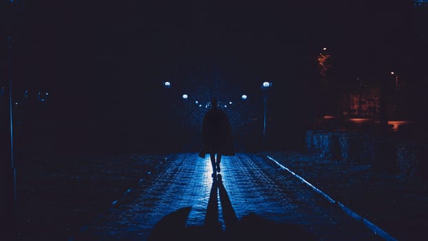 male detective in a hat and raincoat at night in a rainy city in the style of film noir