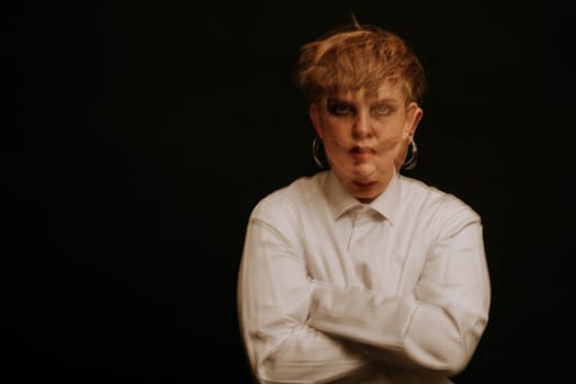 psychopath with mental disorders and insanity on a dark background. A blurry portrait of a woman in a straitjacket