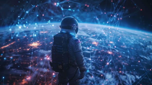 A man in a spacesuit stands on a planet in a blue sky. The planet is surrounded by a network of lines, which could represent a computer network or a map of the planet