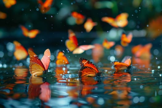 A group of butterflies are flying in the air and splashing water. Concept of freedom and joy, as the butterflies are free to fly and explore their surroundings