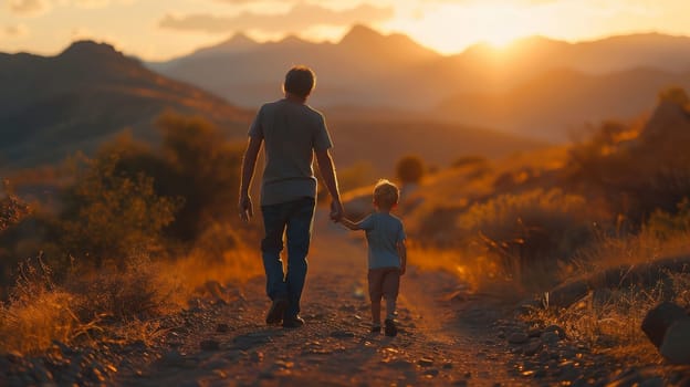 A man and a child are walking together in a desert. The man is holding the child's hand