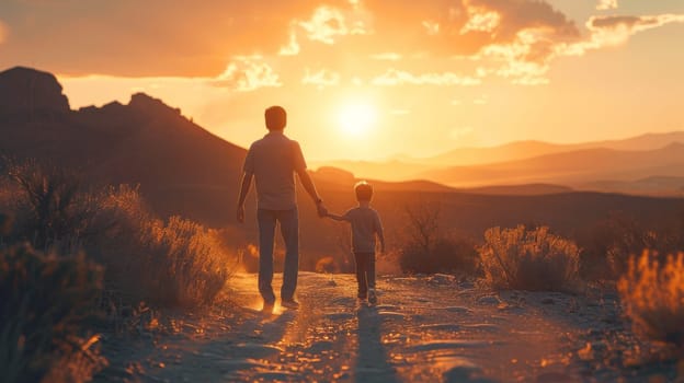 A man and a child are walking together in a desert. The man is holding the child's hand, and the sun is setting in the background