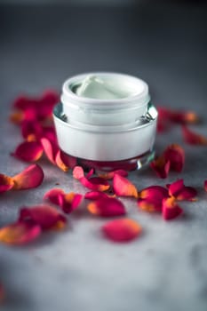 luxe face cream and rose petals - cosmetics with flowers styled beauty concept, elegant visuals