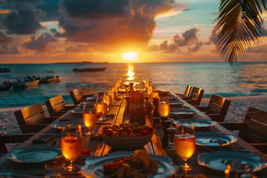 A long table with a beautiful ocean view in the background. The table is set with plates, glasses, and utensils, and there are several chairs around it. The atmosphere is relaxed and inviting