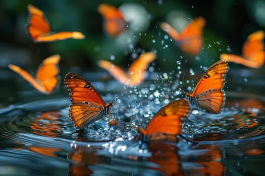 A group of butterflies are flying in the air and splashing water. Concept of freedom and joy, as the butterflies are free to fly and explore their surroundings