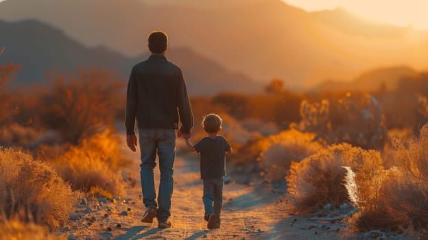 A man and a child are walking together in a desert. The man is holding the child's hand, and they are both looking up at the sky