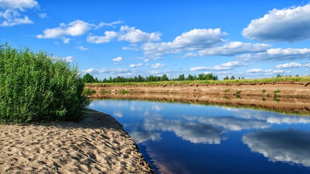 blue sky with clouds reflected in the river in summer
