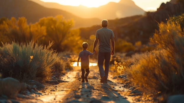 A man and a child are walking together in a desert. The man is holding the child's hand, and they are both looking at the sun. The scene is peaceful and serene, with the sun setting in the background