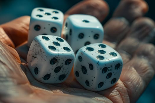 A hand is holding a bunch of dice, including a red, blue, and green one. The image has a playful and fun mood