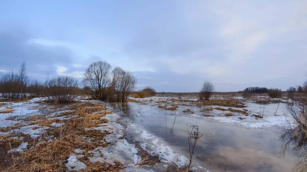 ice drift on the river in spring in a meadow under a gloomy sky