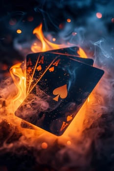 A card with a spade on it is lit on fire and surrounded by smoke. Concept of danger and excitement, as the fire and smoke create a dramatic and intense atmosphere. The card itself is a symbol of luck