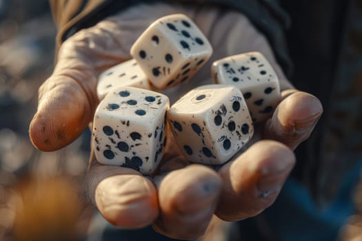 A hand is holding a bunch of dice, including a red, blue, and green one. The image has a playful and fun mood