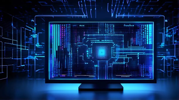 A computer screen with blue lights. High quality photo