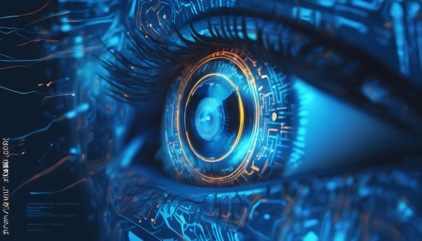 A close up of an eye with digital data on the eye. High quality photo