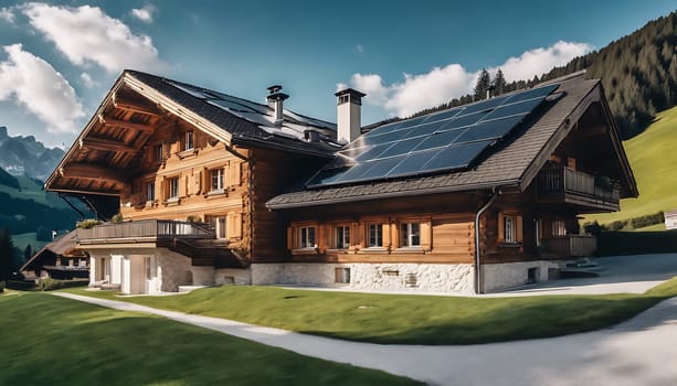 A house with solar panels on the roof. High quality photo