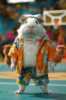 A cartoon of a hamster wearing an orange shirt. The hamster is standing on a basketball court