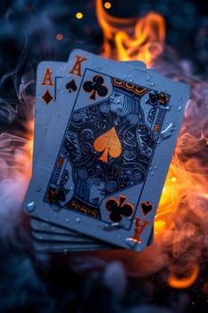 A card with a spade on it is lit on fire and surrounded by smoke. Concept of danger and excitement, as the fire and smoke create a dramatic and intense atmosphere. The card itself is a symbol of luck