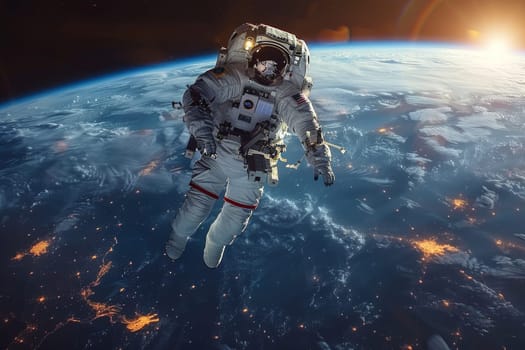 A man in a spacesuit is floating in space. Concept of adventure and exploration, as the astronaut is in the vastness of space, far from the confines of Earth