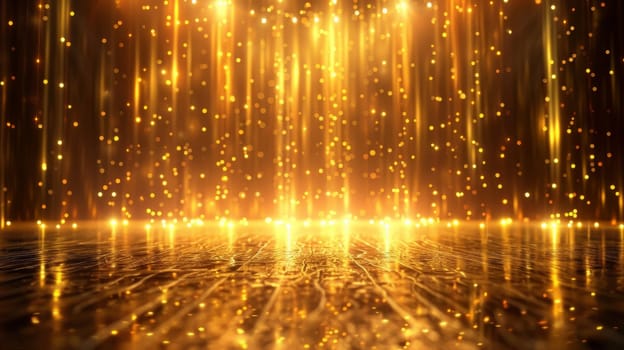 A large, empty room with a gold color theme. The room is lit up with bright lights and has a shiny, reflective surface. Scene is warm and inviting, with a sense of luxury and opulence