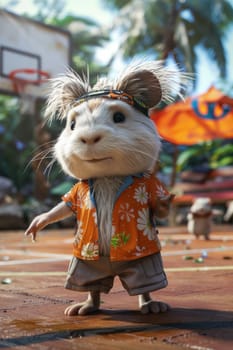 A cartoon of a hamster wearing an orange shirt. The hamster is standing on a basketball court