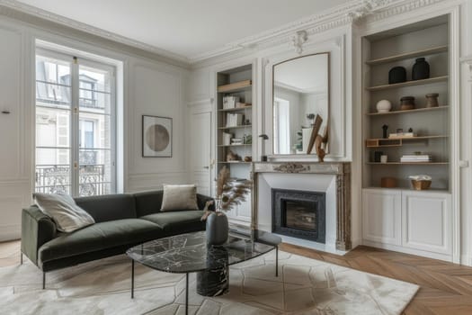 A living room with a fireplace and a black coffee table. The room is decorated in a modern style with a lot of white and black colors