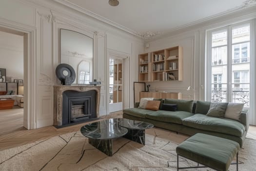 A living room with a fireplace and a black coffee table. The room is decorated in a modern style with a lot of white and black colors