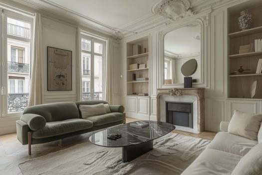 A living room with a fireplace and a black coffee table. The room is decorated in a modern style with a lot of white and black colors