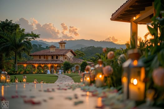 A beautiful house with a large garden and a path leading to it. The path is lit up with candles and lanterns, creating a warm and inviting atmosphere