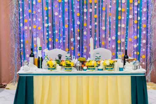 beautiful decorated wedding table in the restaurant
