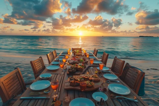 A long table with a beautiful ocean view in the background. The table is set with plates, glasses, and utensils, and there are several chairs around it. The atmosphere is relaxed and inviting