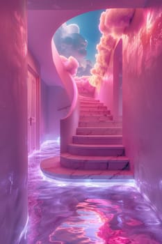 A pink staircase is shown in a room with pink walls. The staircase is surrounded by water, giving the impression of a surreal, dreamlike environment. The pink color scheme
