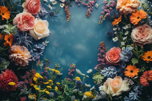 A colorful bouquet of flowers is arranged in a circle on a blue background. The flowers are of various colors and sizes, creating a vibrant and lively atmosphere