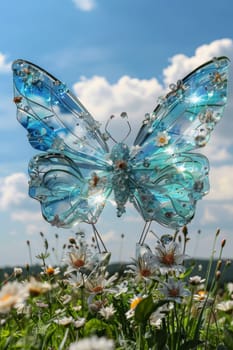 A blue butterfly with a flower on its back is sitting in a field of flowers. The butterfly is surrounded by a variety of flowers, including daisies, roses, and sunflowers. The scene is peaceful