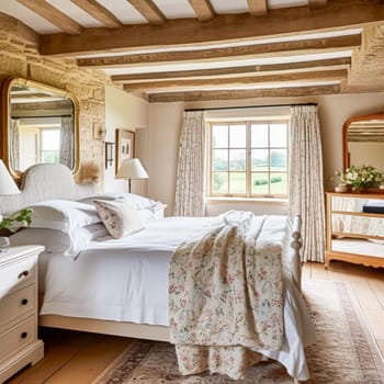 Cottage style bedroom decor, interior design and home decor, bed with elegant bedding and bespoke furniture, English country house or holiday rental interiors